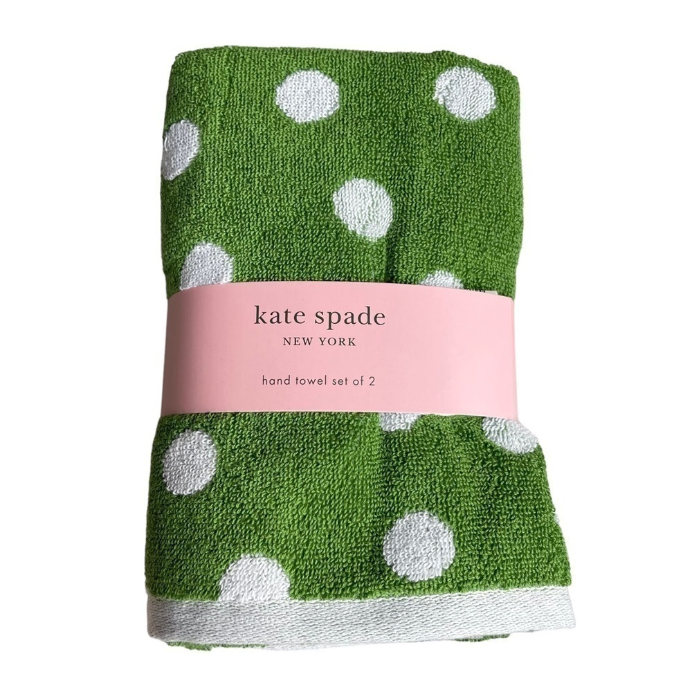 Kate Spade set of 2 Bright Green White Polka Dots Hand Towels cotton NWT - Picture 3 of 4
